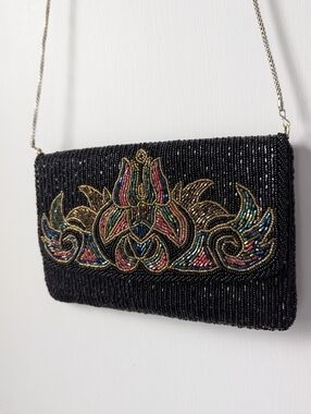La Regale Vintage Unique Beaded Black Chained Shoulder Bag Wedding Prom Gatsby